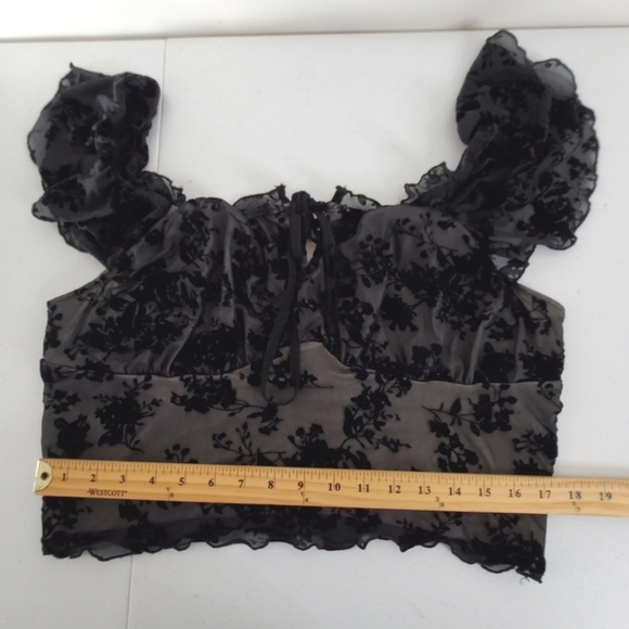 Black Floral Lace Mesh Milkmaid Top Plus Size 2XL Ruffle Flutter Sleeve Coquette - Picture 7 of 11
